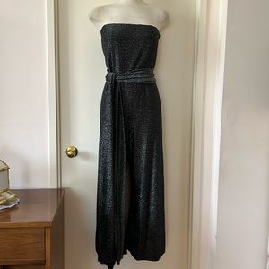 💕Strapless Black Silver Metallic Disco Sparkle Strapless Jersey Jumpsuit M EUC